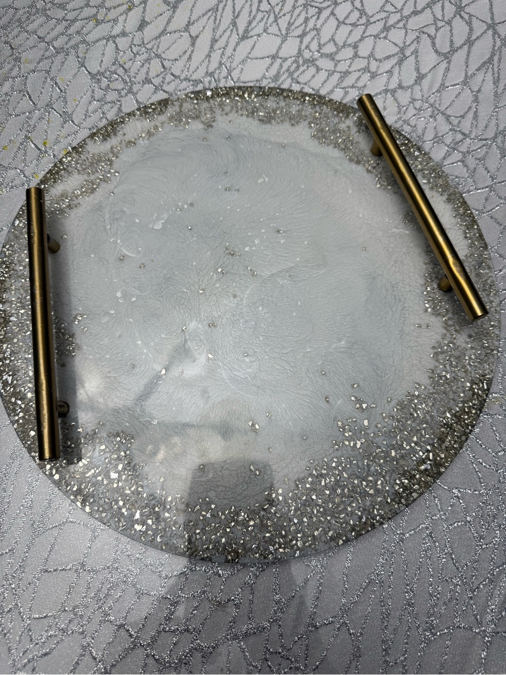 Round Silver Glitter Resin Serving Tray with Brass Handles - Picture 2 of 11